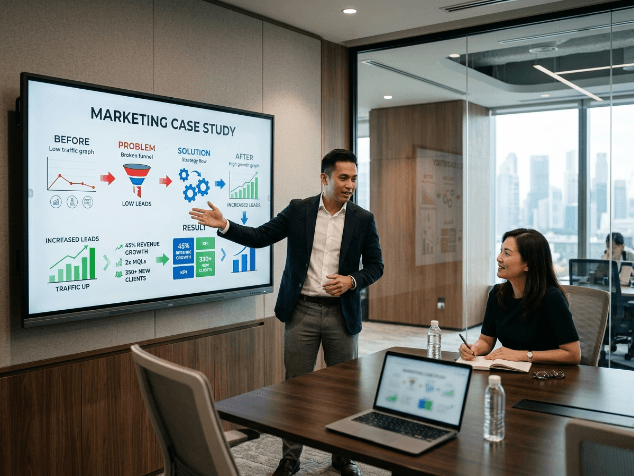 นักกลยุทธ์อธิบายขั้นตอนCase Study Before Afterให้เจ้าของธุรกิจฟัง