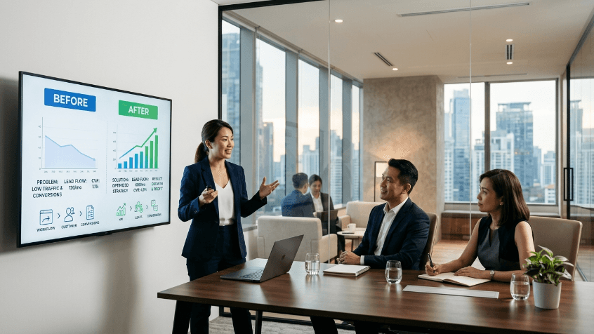 เล่า Case Study แบบ Before After เพื่อให้ลูกค้าเห็นปัญหาเดิม วิธีแก้ และผลลัพธ์หลังทำงานร่วมกัน