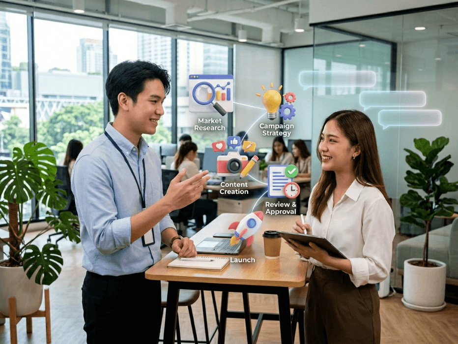 ผู้จัดการกำลังอธิบายกระบวนการทำงานให้ทีมคอนเทนต์