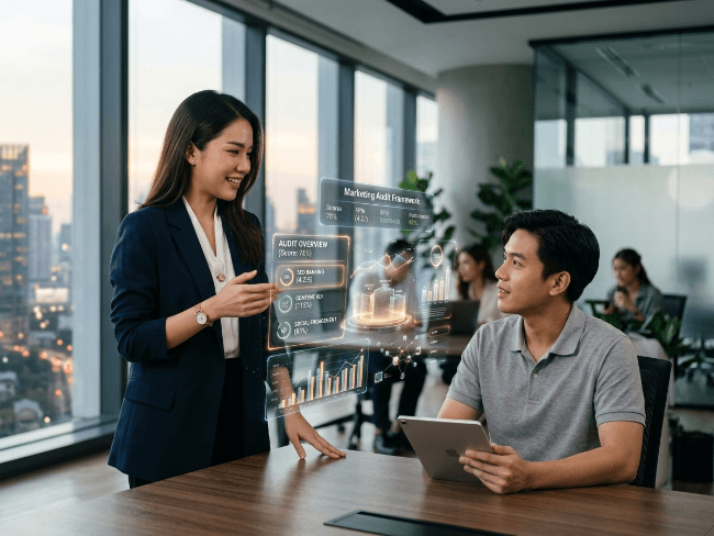 นักกลยุทธ์อธิบายขั้นตอนทำ Digital Marketing Auditให้เจ้าของธุรกิจฟัง