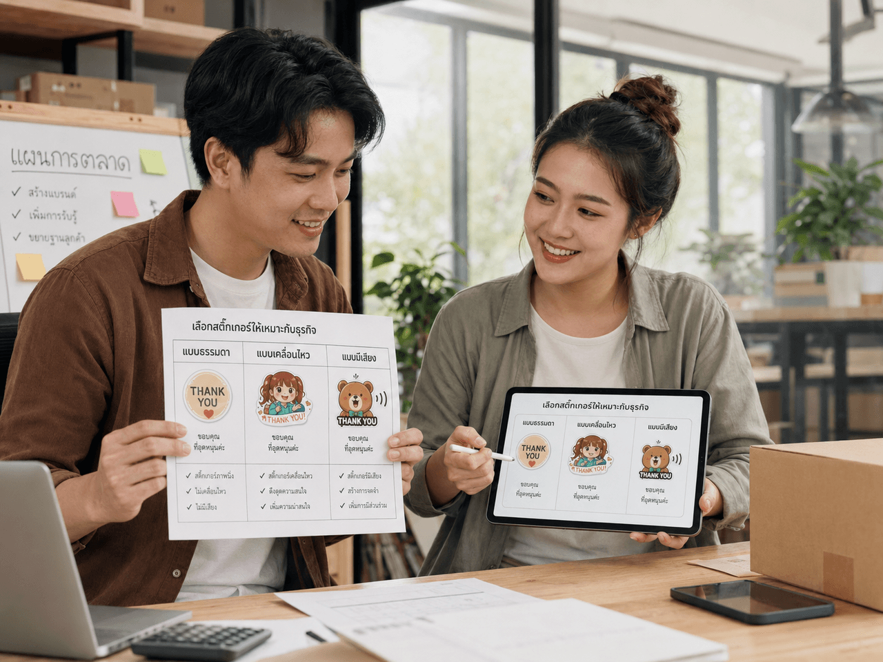 เจ้าของธุรกิจประชุมทีมการตลาดเพื่อทำสติ๊กเกอร์ไลน์