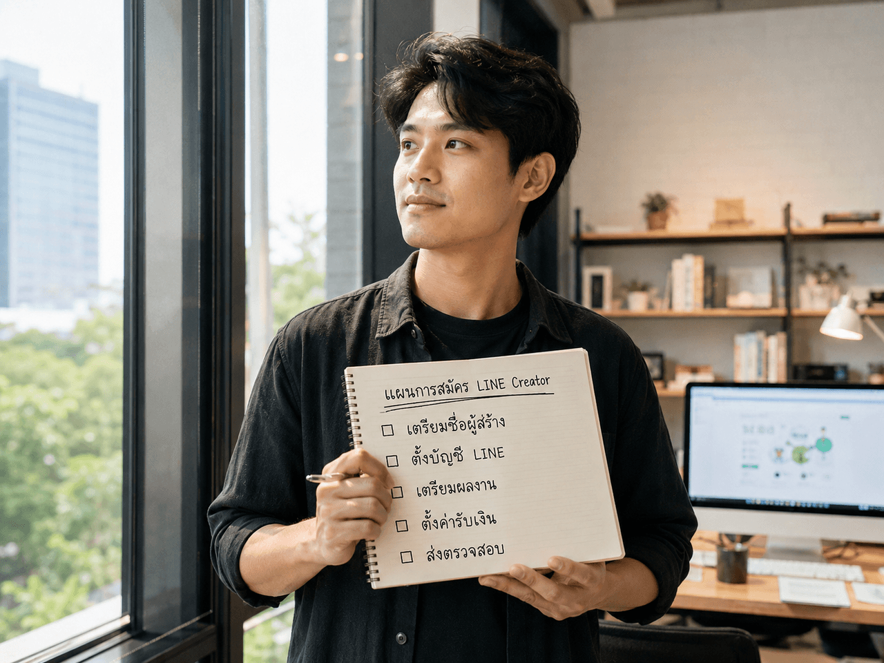 เจ้าของธุรกิจกำลังยืนคิดวางแผนงานอยู่ในออฟฟิศ