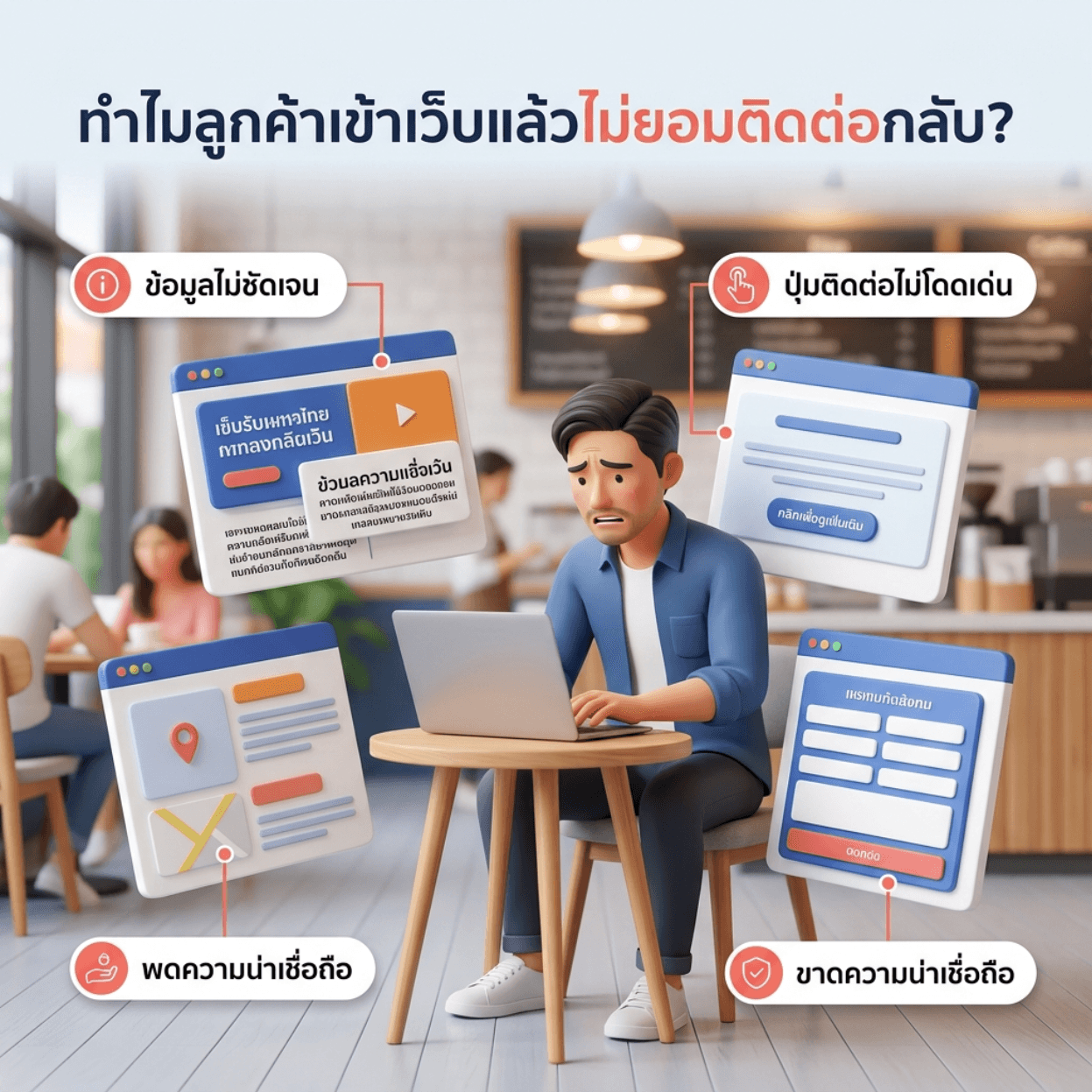 เจ้าของธุรกิจกำลังดูหน้าจอแล็ปท็อปด้วยความเครียดที่ร้านกาแฟ