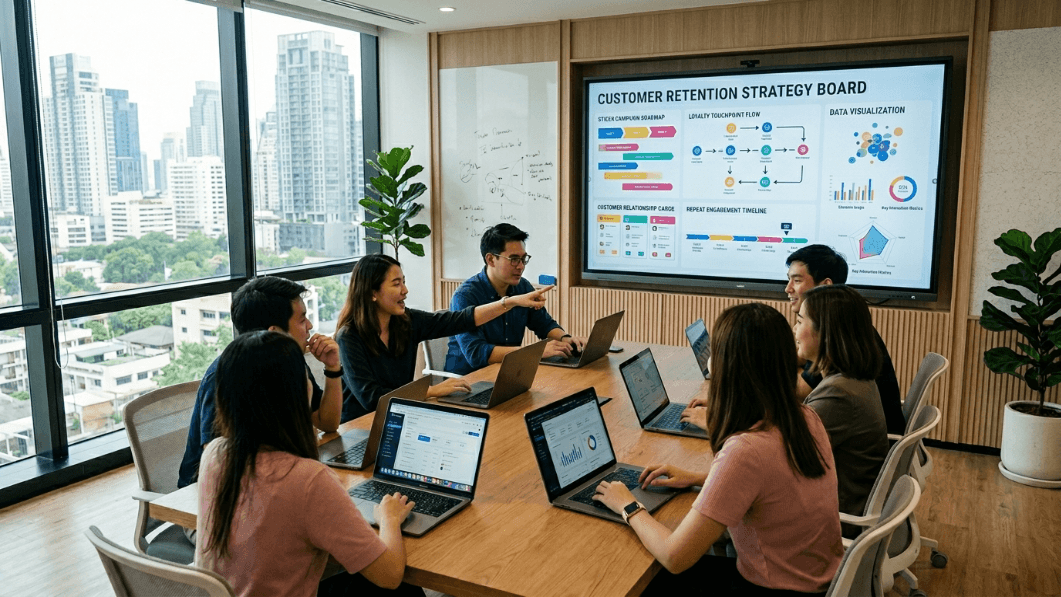 การประชุมวางแผนกลยุทธ์ CRM และการรักษาฐานลูกค้าในออฟฟิศสมัยใหม่