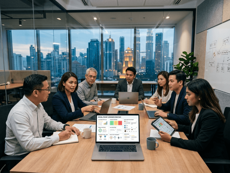 ทีมงานกำลังประชุมวางแผนกลยุทธ์ Social Proof ในห้องกระจก