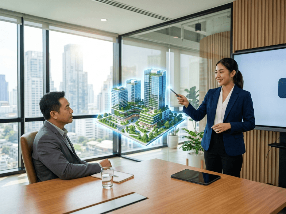 พนักงานขายกำลังนำเสนอข้อมูลให้ลูกค้าในห้องประชุม