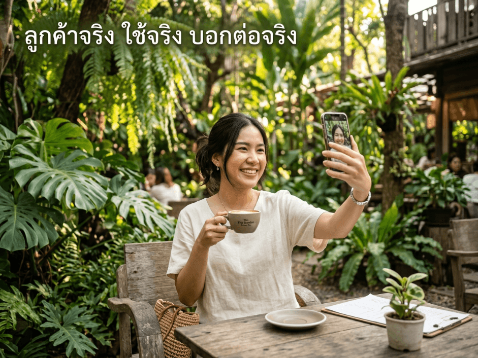 ลูกค้าผู้หญิงกำลังถ่ายเซลฟี่อย่างเป็นธรรมชาติพร้อมรอยยิ้ม