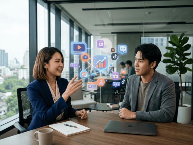 นักกลยุทธ์อธิบายขั้นตอนทำ Content Repurposeให้เจ้าของธุรกิจฟัง