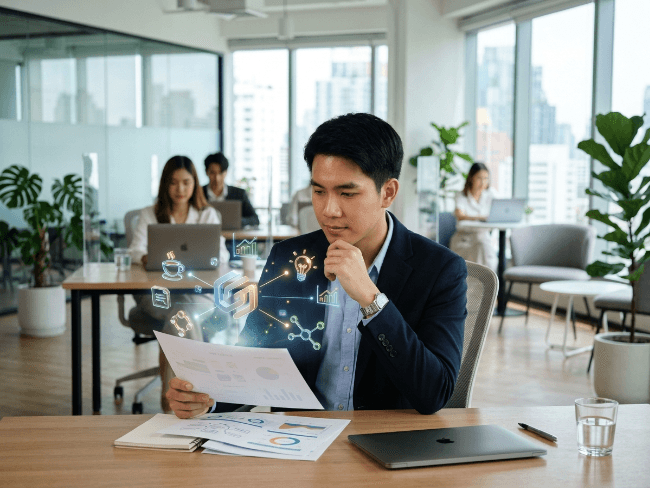 เจ้าของธุรกิจกำลังพิจารณาเอกสารแบรนด์ในออฟฟิศ