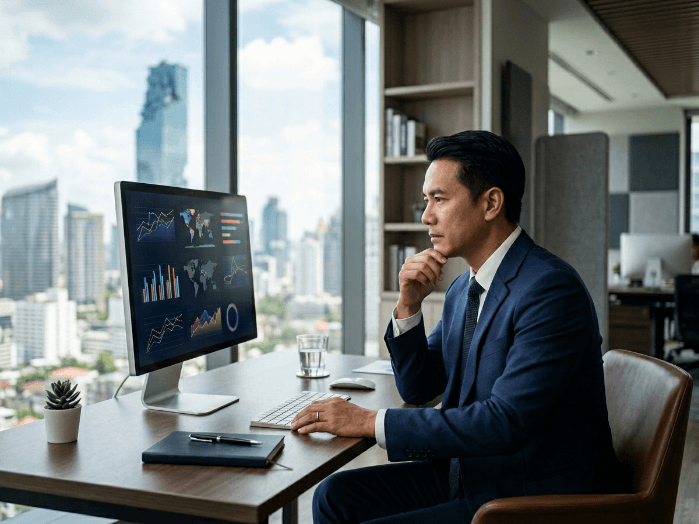 ผู้บริหารกำลังทบทวนเช็กลิสต์การทำ SEO จากโต๊ะทำงาน