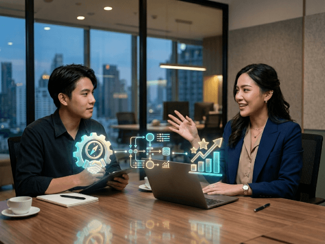 นักกลยุทธ์อธิบายขั้นตอนวางหน้า Service Pageให้เจ้าของธุรกิจฟัง