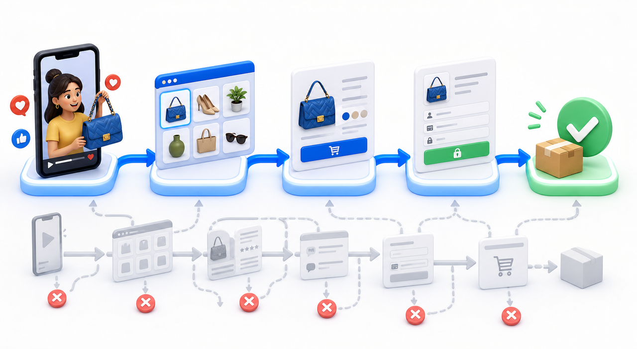 ภาพเปรียบเทียบเส้นทางซื้อที่สั้นจากวิดีโอผ่าน Product Feed ไปยังตะกร้าและชำระเงิน