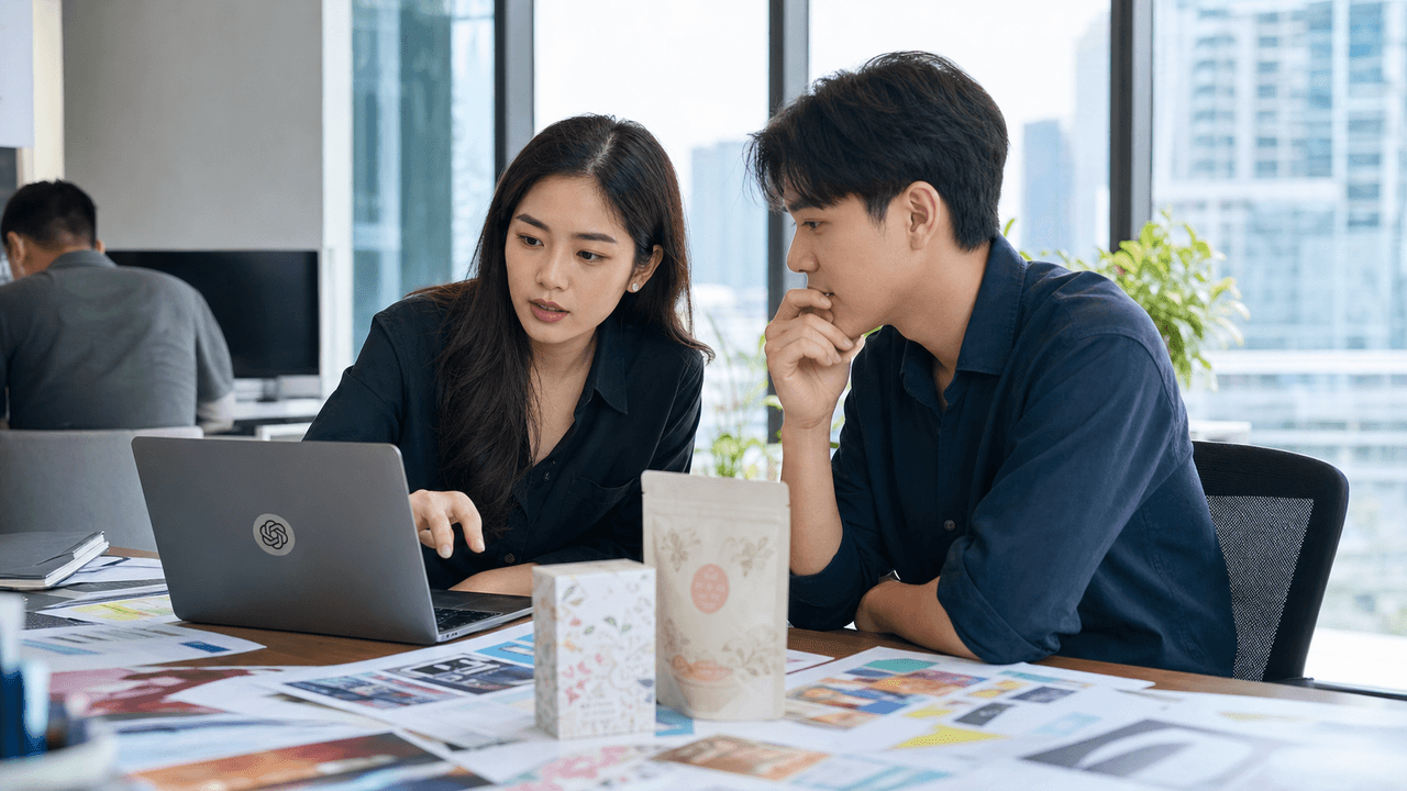 นักการตลาดตรวจแผนโฆษณา AI และชิ้นงานแคมเปญร่วมกันในสำนักงาน